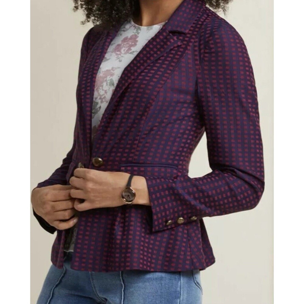 Modcloth Peplum Blazer Womens Navy Maroon Check Secretary Preppy Retro Medium